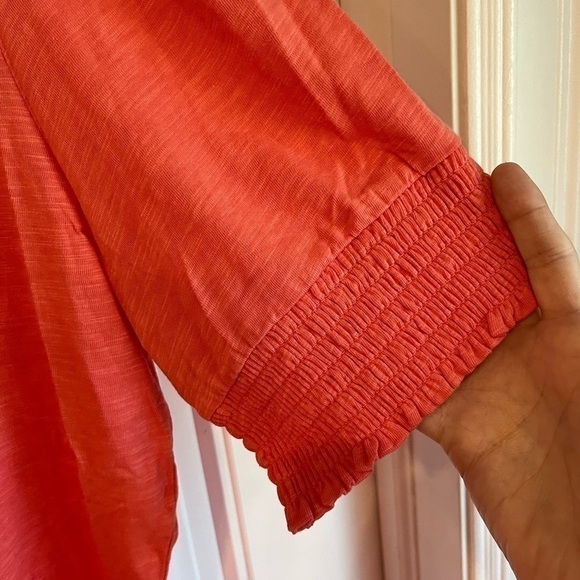 Nwot Belle By Kim Gravel LARGE orange Peach Ruched elbow Sleeve - Picture 3 of 7